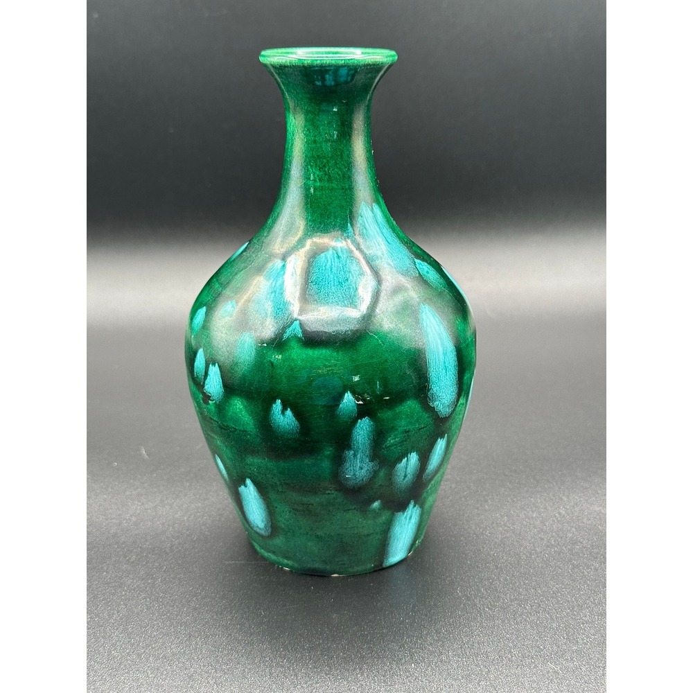 D. Hausen Signed Studio Pottery Vase Green Turquoise Glaze 7.5" Vintage 1999
